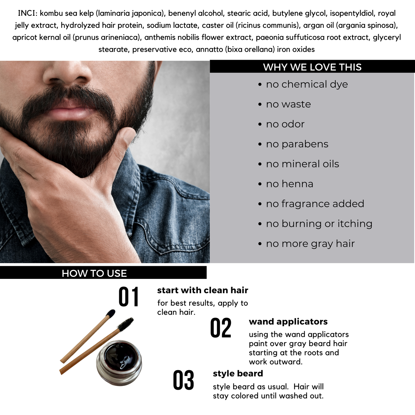 Roots Natural Gray Hair & Beard Touch-Up – Chemical-Free, Odorless, Travel-Friendly Zero Waste Dye for Dark Hair